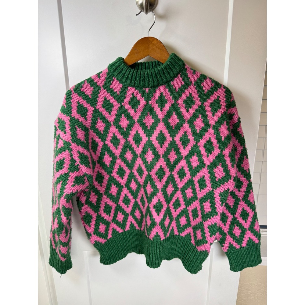 Jakke AMMA Recycled Green Pink Diamond Argyle Mock Neck Knit Sweater Size 2 - Picture 2 of 9